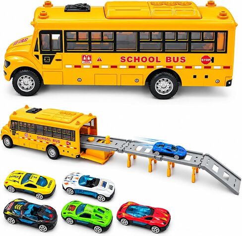 School Bus Race Track Toy, Yellow Bus Launcher with 6 Race Cars for Kids in Kuwait