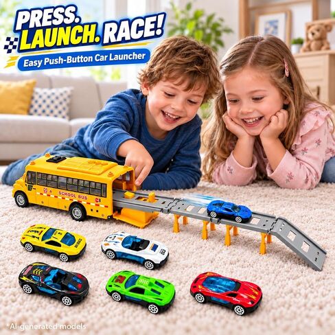 School Bus Race Track Toy, Yellow Bus Launcher with 6 Race Cars for Kids in Kuwait