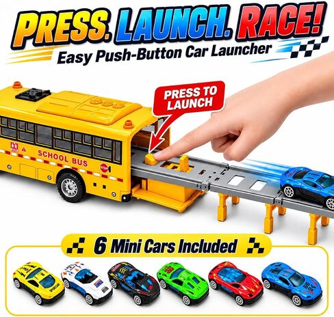 School Bus Race Track Toy, Yellow Bus Launcher with 6 Race Cars for Kids in Kuwait