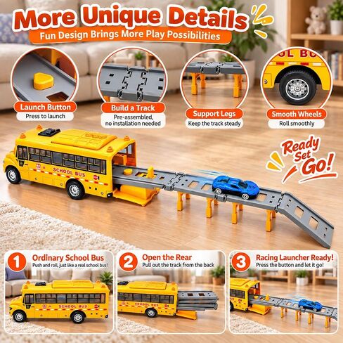School Bus Race Track Toy, Yellow Bus Launcher with 6 Race Cars for Kids in Kuwait