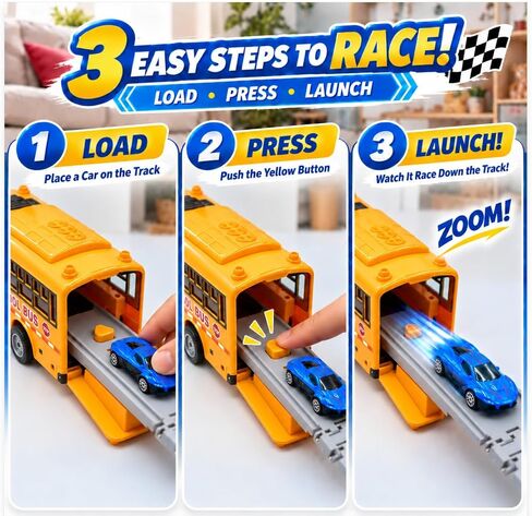 School Bus Race Track Toy, Yellow Bus Launcher with 6 Race Cars for Kids in Kuwait