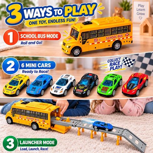 School Bus Race Track Toy, Yellow Bus Launcher with 6 Race Cars for Kids in Kuwait