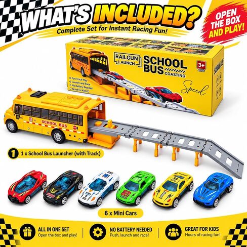 School Bus Race Track Toy, Yellow Bus Launcher with 6 Race Cars for Kids in Kuwait