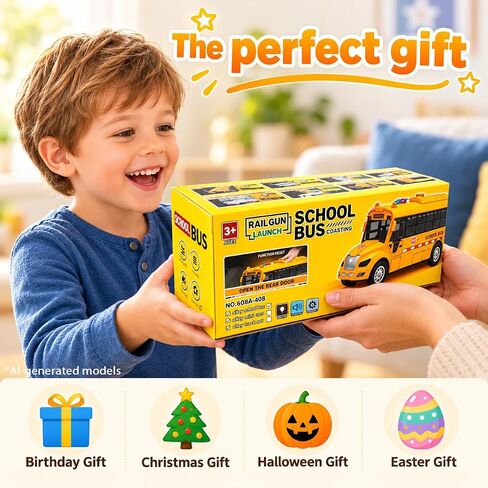 School Bus Race Track Toy, Yellow Bus Launcher with 6 Race Cars for Kids in Kuwait