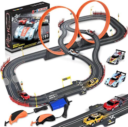 Slot Car Race Track Sets for Boys Ages 6 7 8-12, Electric Race Car Track with 4 High-Speed Racing Car, Dual Racing Game Lap Counter Circular Overpass Track, Christmas Birthday Gifts Toys for Kids in Saudi Arabia