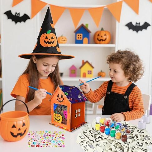 HABDJILTY 35Pcs Halloween Wooden Houses Craft Kit DIY Paint 3D Ghost House in Saudi Arabia