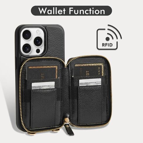 ZVE for iPhone 12 Pro/iPhone 12 Wallet Case with Card Holder, Zipper Crossbody Phone Case with Wrist Strap for Women, RFID Blocking Purse Cover for iPhone 12 Pro/iPhone 12（6.1 inch）-Beige in Kuwait
