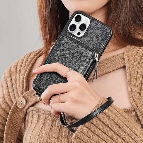 ZVE for iPhone 12 Pro/iPhone 12 Wallet Case with Card Holder, Zipper Crossbody Phone Case with Wrist Strap for Women, RFID Blocking Purse Cover for iPhone 12 Pro/iPhone 12（6.1 inch）-Beige in Kuwait