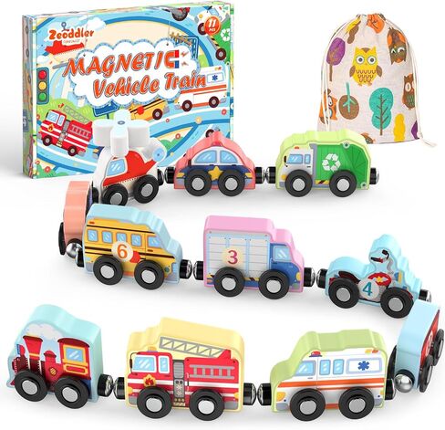Zeoddler Toys for Toddlers, 11 Magnetic Wooden Vehicle Train Set, Montessori Toys for Toddlers, Preschool Learning Activities for Kids, Birthday Gifts for Boys, Girls in Kuwait