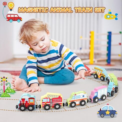 Zeoddler Toys for Toddlers, 11 Magnetic Wooden Vehicle Train Set, Montessori Toys for Toddlers, Preschool Learning Activities for Kids, Birthday Gifts for Boys, Girls in Kuwait
