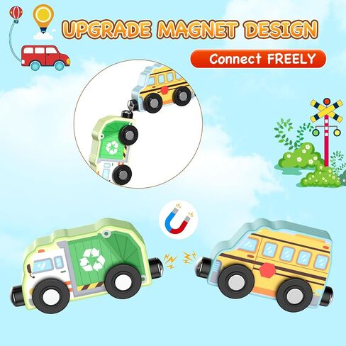 Zeoddler Toys for Toddlers, 11 Magnetic Wooden Vehicle Train Set, Montessori Toys for Toddlers, Preschool Learning Activities for Kids, Birthday Gifts for Boys, Girls in Kuwait