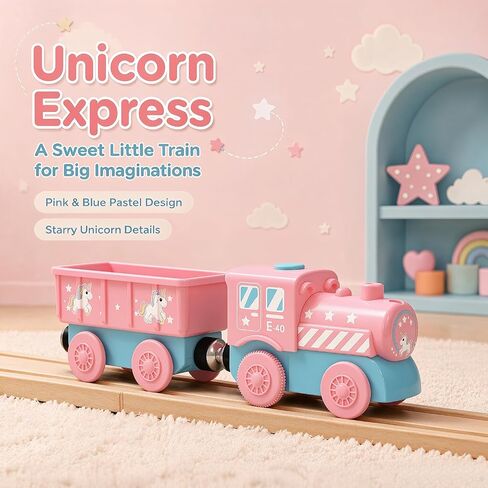 Toy Battery Operated Train Set for Wooden Tracks, Magnetic Trains Toys with Carriage, Pink Unicorn Motorized Train Electric Cars Compatible with Thomas, Brio, Chuggington in Kuwait