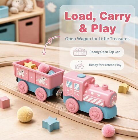 Toy Battery Operated Train Set for Wooden Tracks, Magnetic Trains Toys with Carriage, Pink Unicorn Motorized Train Electric Cars Compatible with Thomas, Brio, Chuggington in Kuwait