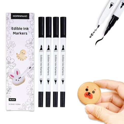 KORNNAC 4 pcs Black Edible Marker Pen Set | Fine Tip for Food Coloring, Frosting & Icing | 4 Pack of Black Food Safe Drawing & Paint Pens | paint pen in Saudi Arabia