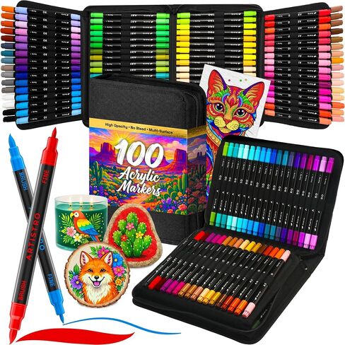 ARTISTRO 100 Acrylic Paint Markers, Dual-Tip Paint Pens, Black Bag in Kuwait