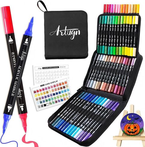 24 Colors Acrylic Paint Pens, Dual Tip Pens With Medium Tip and Brush Tip for Rock Painting, Ceramic, Wood, Plastic, Calligraphy, Scrapbooking, Brush Lettering, Card Making, DIY Crafts in Kuwait