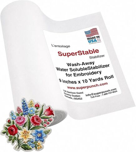 مثبت قابل للذوبان في الماء Superpunch للتطريز - لفة 9 بوصة × 10 ياردة، مثبت قماش، دعامة تطريز ومثبتات مقطوعة - آلة فائقة الثبات وخياطة يدوية - صنع في الولايات المتحدة الأمريكية in Kuwait