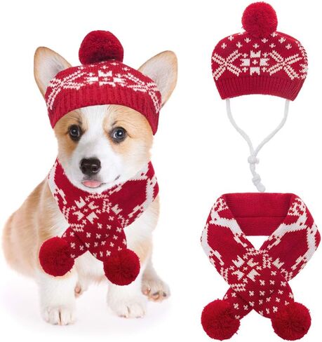 Mihachi Dog Costumes Hat Scarf Set Knit Snowflake Reindeer Print 2 Pcs Winter Warm Clothes for Small Dogs Cats Red White in Kuwait