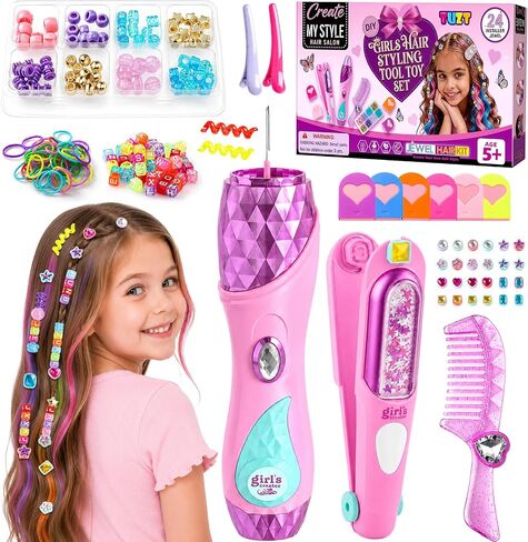 TUZT 3 in 1 Hair Gem Stamper Kit for Girls, Hair Salon Toys for Girls with Hair Beading Machine, Washable Hair Color Powder, DIY Dress Up Toy Gift for Girls Ages 5-12 in Kuwait