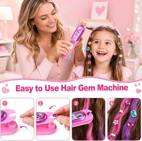 TUZT 3 in 1 Hair Gem Stamper Kit for Girls, Hair Salon Toys for Girls with Hair Beading Machine, Washable Hair Color Powder, DIY Dress Up Toy Gift for Girls Ages 5-12 in Kuwait