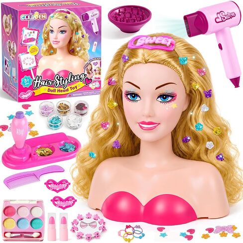 Cleboen Doll Head for Hair Styling Kids, Pretend Play Beauty Salon Set with Hair Gem Stamper Kit, Hair Dryer & Real Make Up, 30+ PCS Hair Accessories Playset, Birthday Gift for Girls 3 4 5 6 7 8 9 10 in Saudi Arabia