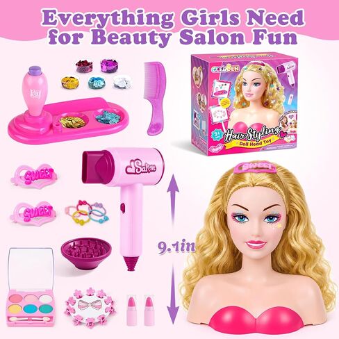Cleboen Doll Head for Hair Styling Kids, Pretend Play Beauty Salon Set with Hair Gem Stamper Kit, Hair Dryer & Real Make Up, 30+ PCS Hair Accessories Playset, Birthday Gift for Girls 3 4 5 6 7 8 9 10 in Saudi Arabia