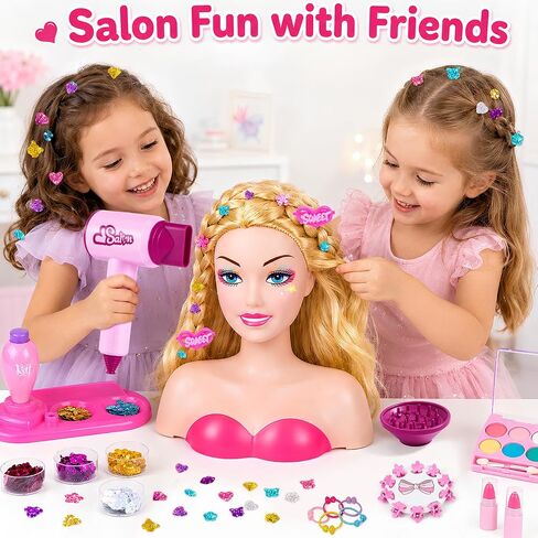 Cleboen Doll Head for Hair Styling Kids, Pretend Play Beauty Salon Set with Hair Gem Stamper Kit, Hair Dryer & Real Make Up, 30+ PCS Hair Accessories Playset, Birthday Gift for Girls 3 4 5 6 7 8 9 10 in Saudi Arabia