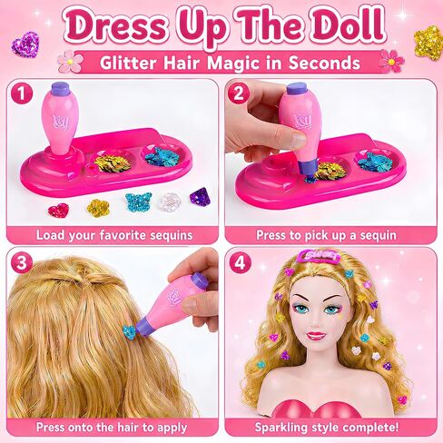 Cleboen Doll Head for Hair Styling Kids, Pretend Play Beauty Salon Set with Hair Gem Stamper Kit, Hair Dryer & Real Make Up, 30+ PCS Hair Accessories Playset, Birthday Gift for Girls 3 4 5 6 7 8 9 10 in Saudi Arabia