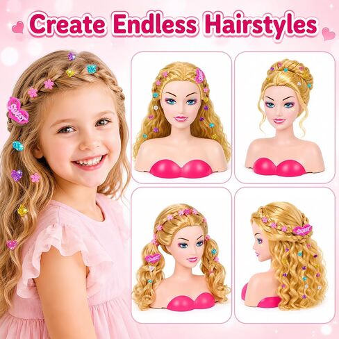 Cleboen Doll Head for Hair Styling Kids, Pretend Play Beauty Salon Set with Hair Gem Stamper Kit, Hair Dryer & Real Make Up, 30+ PCS Hair Accessories Playset, Birthday Gift for Girls 3 4 5 6 7 8 9 10 in Saudi Arabia