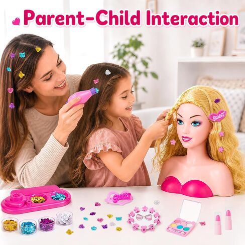 Cleboen Doll Head for Hair Styling Kids, Pretend Play Beauty Salon Set with Hair Gem Stamper Kit, Hair Dryer & Real Make Up, 30+ PCS Hair Accessories Playset, Birthday Gift for Girls 3 4 5 6 7 8 9 10 in Saudi Arabia