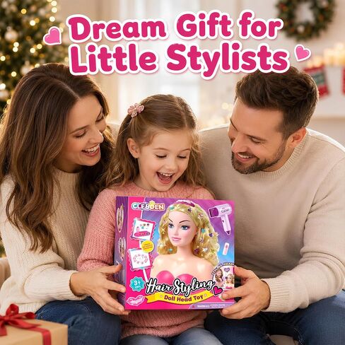 Cleboen Doll Head for Hair Styling Kids, Pretend Play Beauty Salon Set with Hair Gem Stamper Kit, Hair Dryer & Real Make Up, 30+ PCS Hair Accessories Playset, Birthday Gift for Girls 3 4 5 6 7 8 9 10 in Saudi Arabia