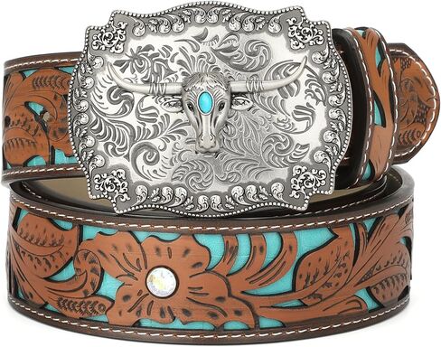 XZQTIVE Women Men Genuine Leather Belt Vintage Ladies Western Belt Engraved Tooled Leather Belt Cowboy Cowgirl Country Belt in Kuwait