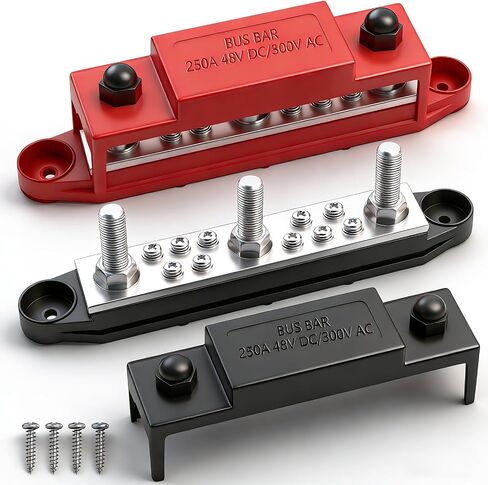 Aienxn Battery Bus Bar 6 x 1/4 "(M6) محطة توزيع الطاقة 12 فولت مع غطاء ومحطات حلقية، بحد أقصى 300 فولت تيار متردد 48 فولت تيار مستمر بطارية إيجابية وسلبية للسيارة والقارب (أسود + أحمر) Q-O-078 in Kuwait