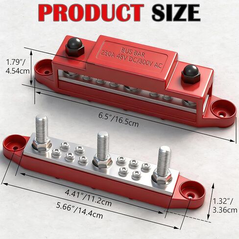 Aienxn Battery Bus Bar 6 x 1/4 "(M6) محطة توزيع الطاقة 12 فولت مع غطاء ومحطات حلقية، بحد أقصى 300 فولت تيار متردد 48 فولت تيار مستمر بطارية إيجابية وسلبية للسيارة والقارب (أسود + أحمر) Q-O-078 in Kuwait