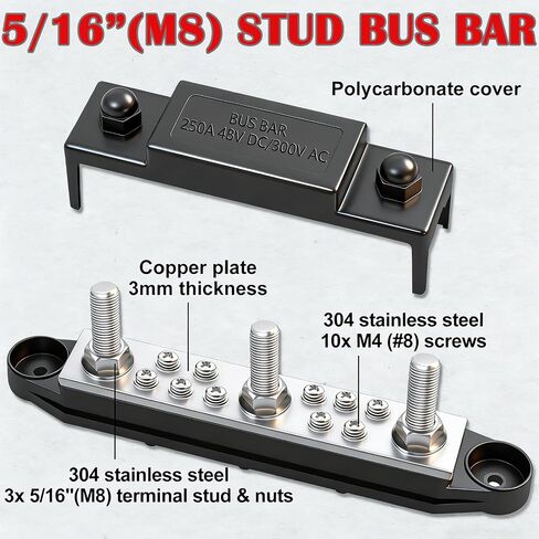 Aienxn Battery Bus Bar 6 x 1/4 "(M6) محطة توزيع الطاقة 12 فولت مع غطاء ومحطات حلقية، بحد أقصى 300 فولت تيار متردد 48 فولت تيار مستمر بطارية إيجابية وسلبية للسيارة والقارب (أسود + أحمر) Q-O-078 in Kuwait