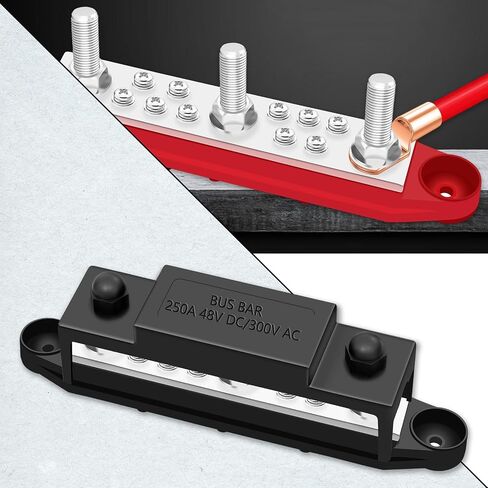 Aienxn Battery Bus Bar 6 x 1/4 "(M6) محطة توزيع الطاقة 12 فولت مع غطاء ومحطات حلقية، بحد أقصى 300 فولت تيار متردد 48 فولت تيار مستمر بطارية إيجابية وسلبية للسيارة والقارب (أسود + أحمر) Q-O-078 in Kuwait