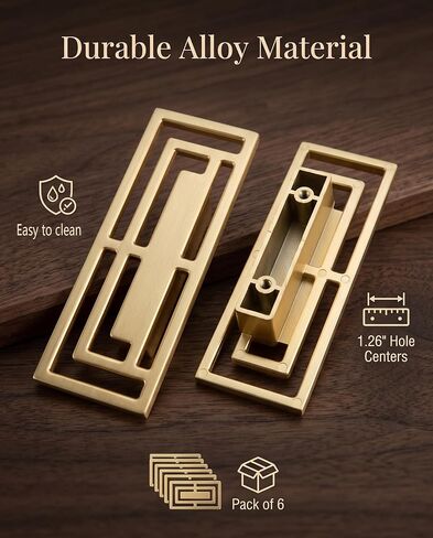 6Pcs of Gold Brushed Drawer Handles Pulls, Closet TV Cabinet, Stylish Golden Copper Handles Modern Chinese Auspicious Patterns Double-Hole 32mm Handle in Kuwait