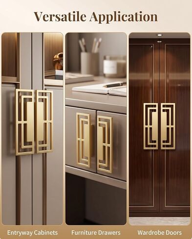 6Pcs of Gold Brushed Drawer Handles Pulls, Closet TV Cabinet, Stylish Golden Copper Handles Modern Chinese Auspicious Patterns Double-Hole 32mm Handle in Kuwait