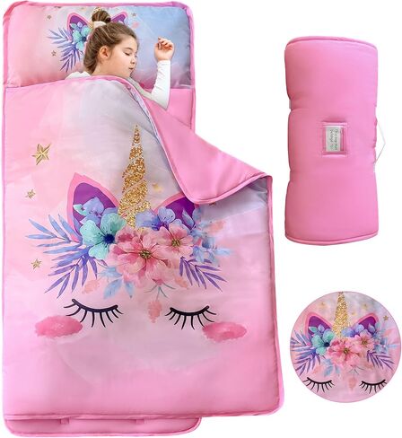 Pink Unicorn Toddler Nap Mats with Removable Pillow and Blanket for Girls in Kuwait