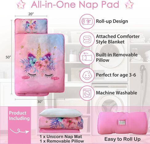 Pink Unicorn Toddler Nap Mats with Removable Pillow and Blanket for Girls in Kuwait