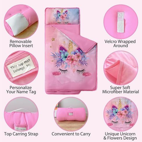 Pink Unicorn Toddler Nap Mats with Removable Pillow and Blanket for Girls in Kuwait