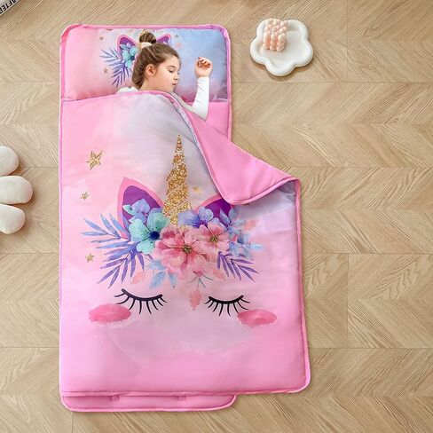 Pink Unicorn Toddler Nap Mats with Removable Pillow and Blanket for Girls in Kuwait