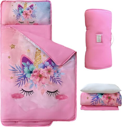 Pink Unicorn Toddler Nap Mats with Removable Pillow and Blanket for Girls in Kuwait