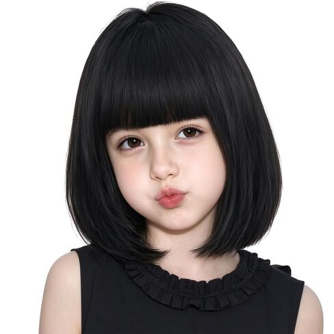 Kids Black Bob Wig Girls Short Straight Natural Black bob Wig with Bangs for Children in Kuwait