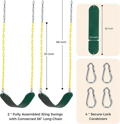 Decorlife 2 Pack Outdoor Swings Seats with 66" Rust-Resistant Heavy Duty Chain, Playground Swing Set Accessories Replacement Anti-Slip Seats, Backyard Swing Support 330lb for Kids or Adults (Green) in Kuwait