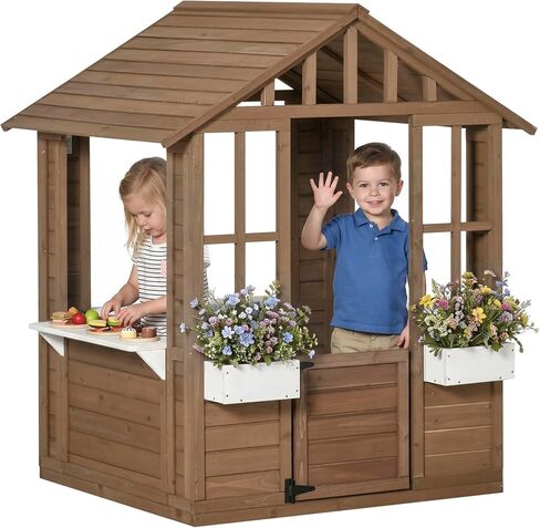 Outsunny Kids Wooden Playhouse, Outdoor Garden Games Cottage, with Working Door, Windows, Flowers Pot Holder, 47" x 38" x 54" in Kuwait