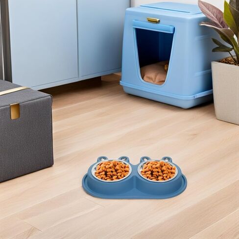 Double Cat Bowl with Built-in Moat, Nonslip Base, Blue PET Feeder in Saudi Arabia