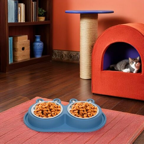 Double Cat Bowl with Built-in Moat, Nonslip Base, Blue PET Feeder in Saudi Arabia