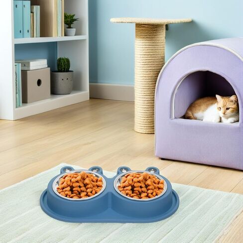 Double Cat Bowl with Built-in Moat, Nonslip Base, Blue PET Feeder in Saudi Arabia
