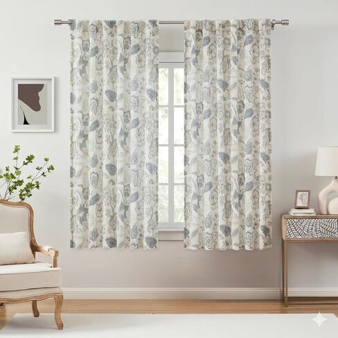 Botanical Print Semi Sheer Curtains Blue Grey Floral Leaf Farmhouse Linen Curtain Drapes Light Filtering Window Treatments for Living Room Bedroom Rod Pocket Back Tab,52"x63",2 Panels in Kuwait
